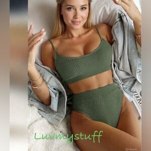 Ribbed Two-Piece Swim Set in Olive Green